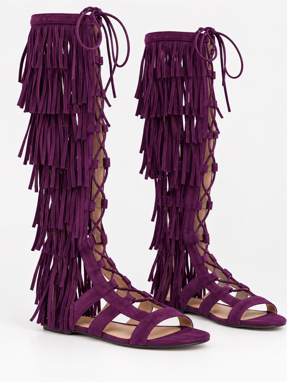 Longchamp Ghillie Purple Suede Fringe Gladiator Lace-Up Sandals EU 38 US 8 NWOB
